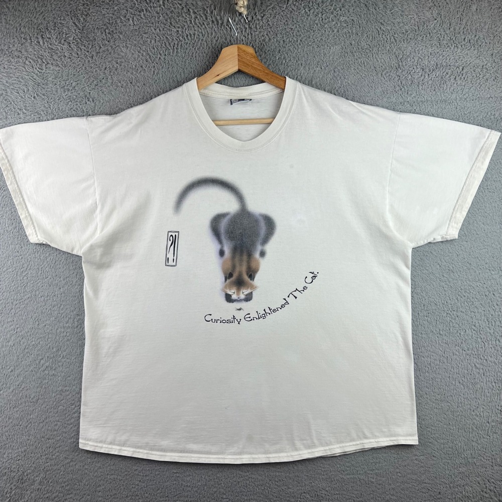Vintage Lee Curiosity Enlightened The Cat T-Shirt Mens White Graphic Tee XL